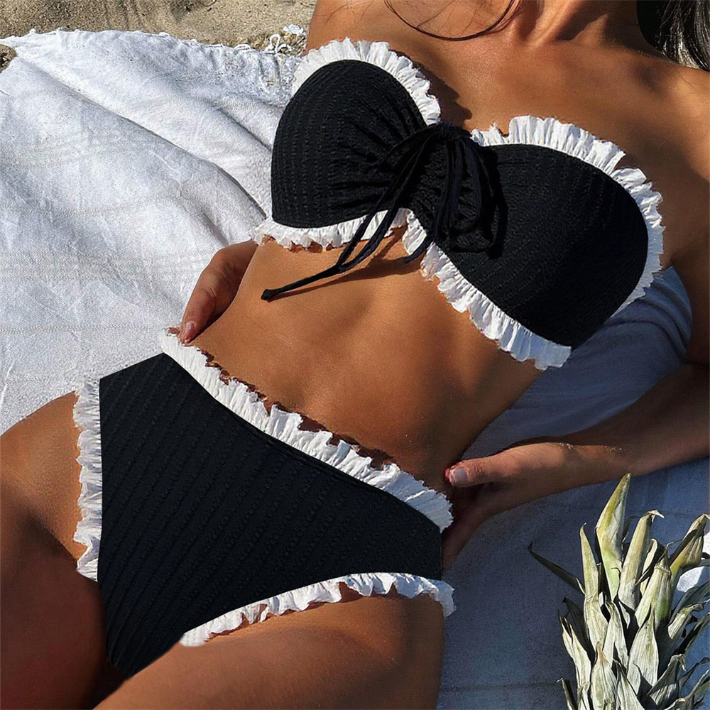 Swimsuit Bikini Ruched - Sexy Black Bandeau Swimsuit with White