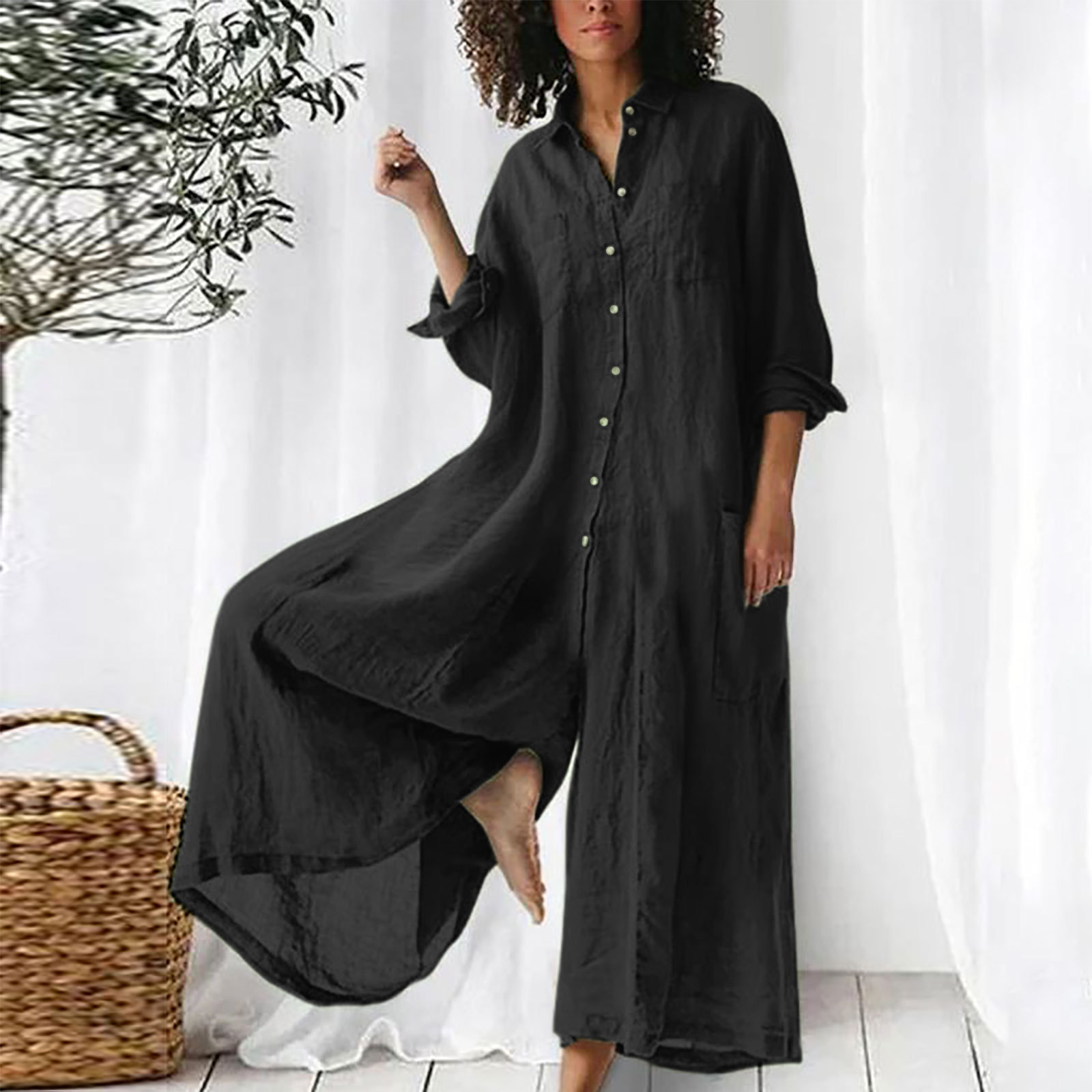 Jumpsuit Linen Relaxed - Ladies' Jumpsuit Everyday Long Sleeve Jumpsuit