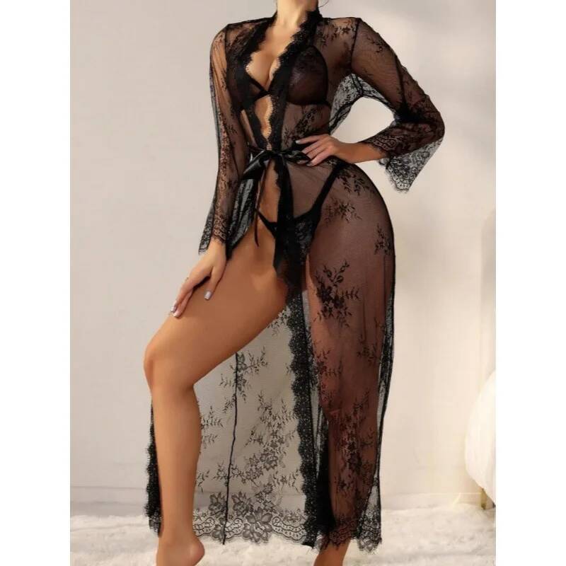 Black Lace Sheer Long Robe For - đánh giá và giá Kimono Sheer Floral