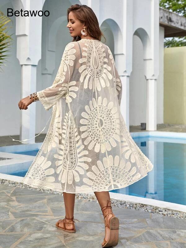 Women White Boho Floral Hollow - đánh giá và giá Kimono Sheer Floral