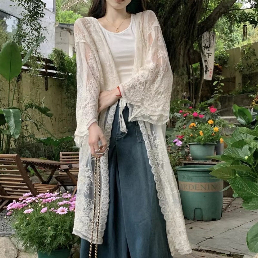 Lightweight Lace-Up Lace Blous - đánh giá và giá Kimono Sheer Floral