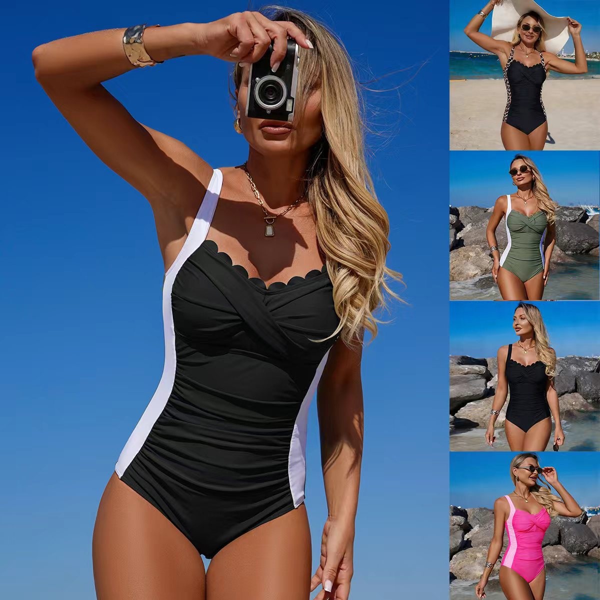 Black Swimsuit Scalloped Neckl - đánh giá và giá Swimsuit Bikini Ruched