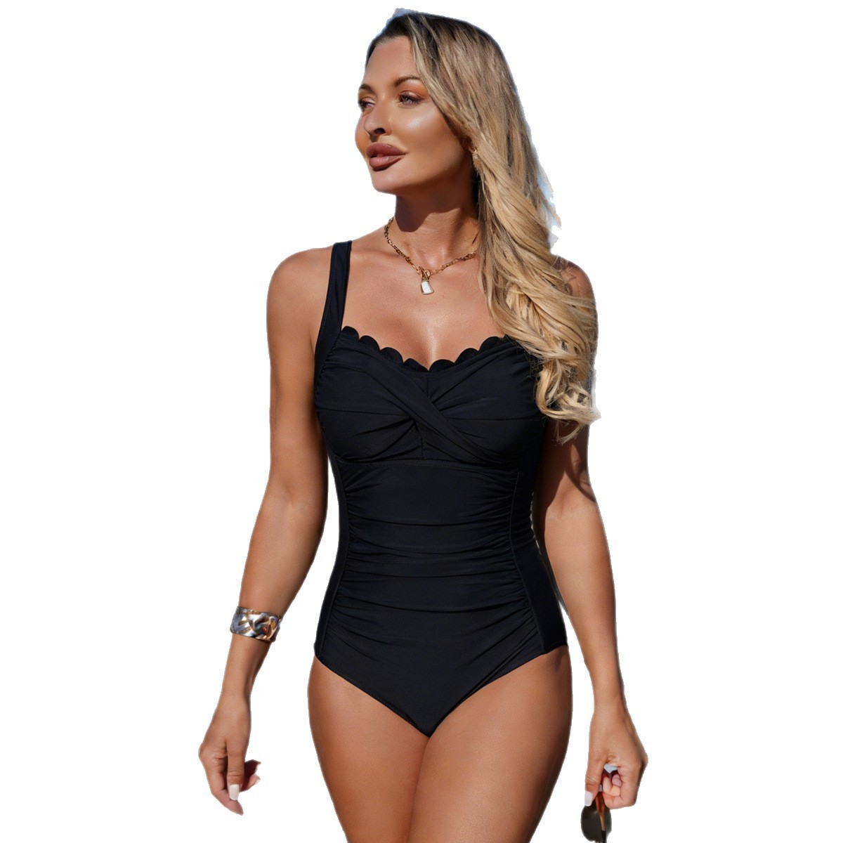 Black Swimsuit Scalloped Neckl - đánh giá và giá Swimsuit Bikini Ruched