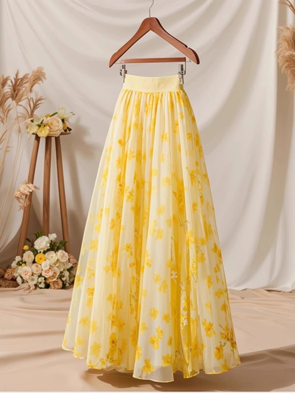 Summer 2026 High Waist Yellow  - đánh giá và giá Midi Skirt Floral