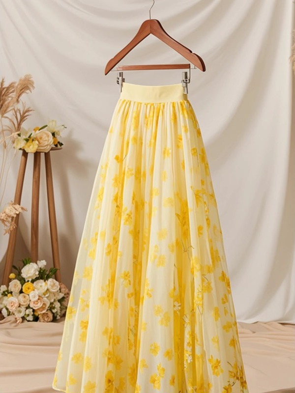 Summer 2026 High Waist Yellow  - đánh giá và giá Midi Skirt Floral
