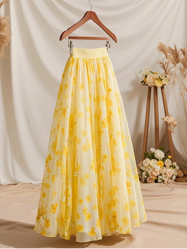 Summer 2026 High Waist Yellow  - đánh giá và giá Midi Skirt Floral