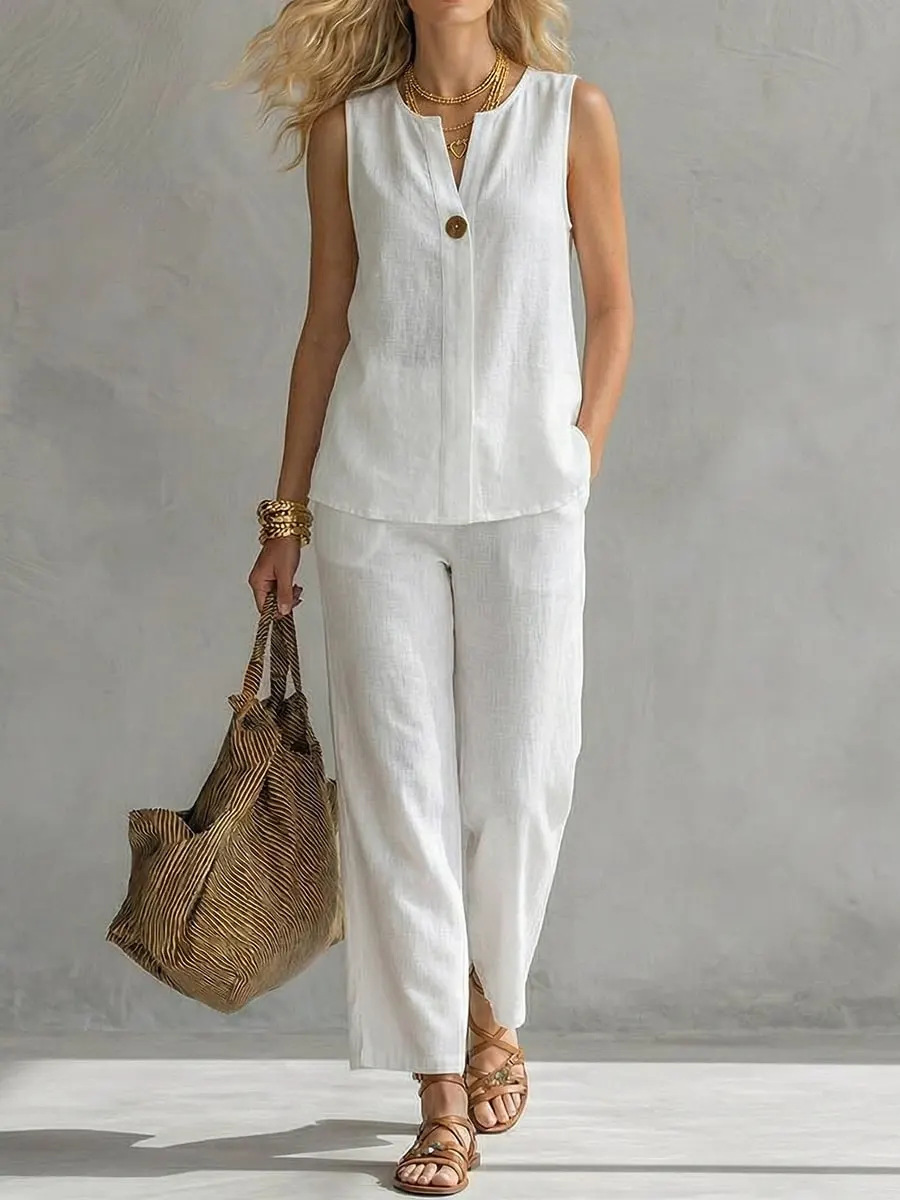 Single Button Sleeveless Linen - đánh giá và giá Linen Pant Wide