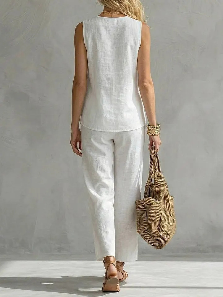 Single Button Sleeveless Linen - đánh giá và giá Linen Pant Wide