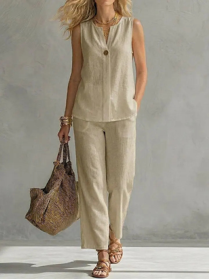 Single Button Sleeveless Linen - đánh giá và giá Linen Pant Wide