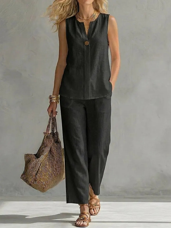 Single Button Sleeveless Linen - đánh giá và giá Linen Pant Wide