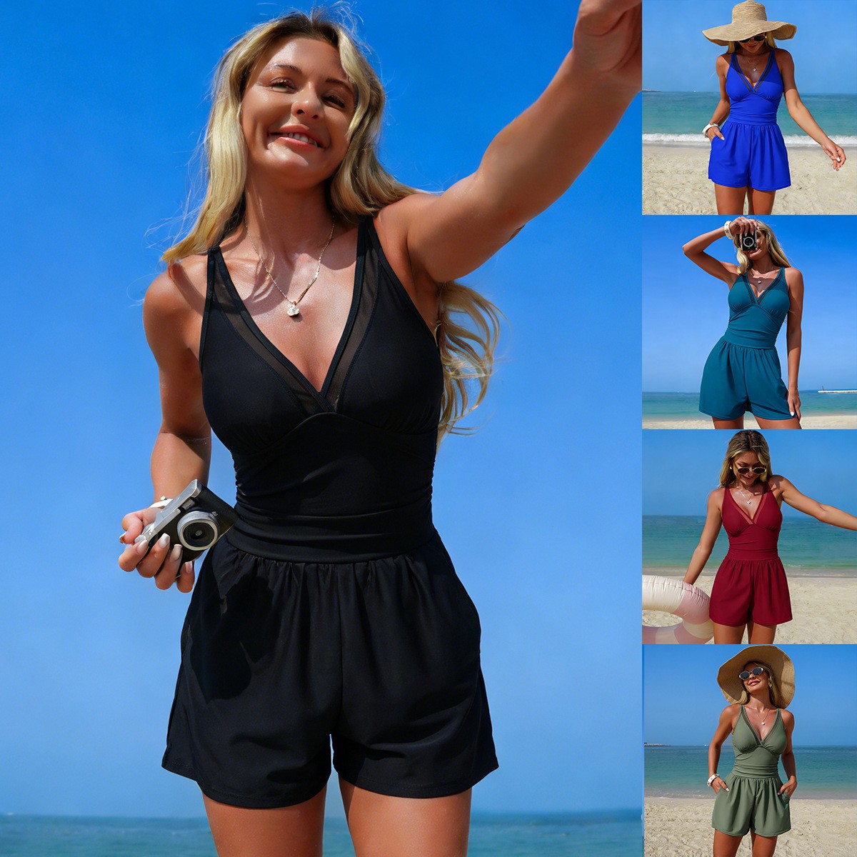 Black Solid Color Sleeveless V - đánh giá và giá Swimsuit Bikini Ruched