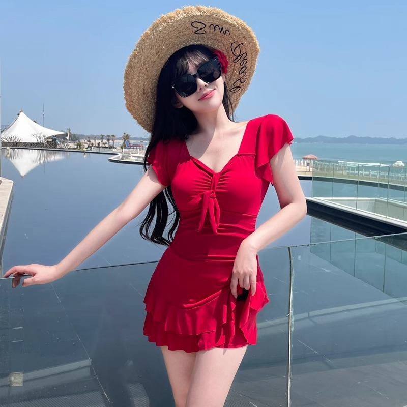 Women's Red V Neck Skirted One - đánh giá và giá Swimsuit Bikini Ruched