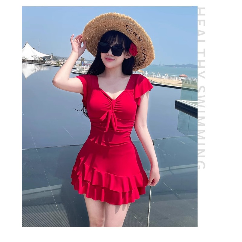 Women's Red V Neck Skirted One - đánh giá và giá Swimsuit Bikini Ruched