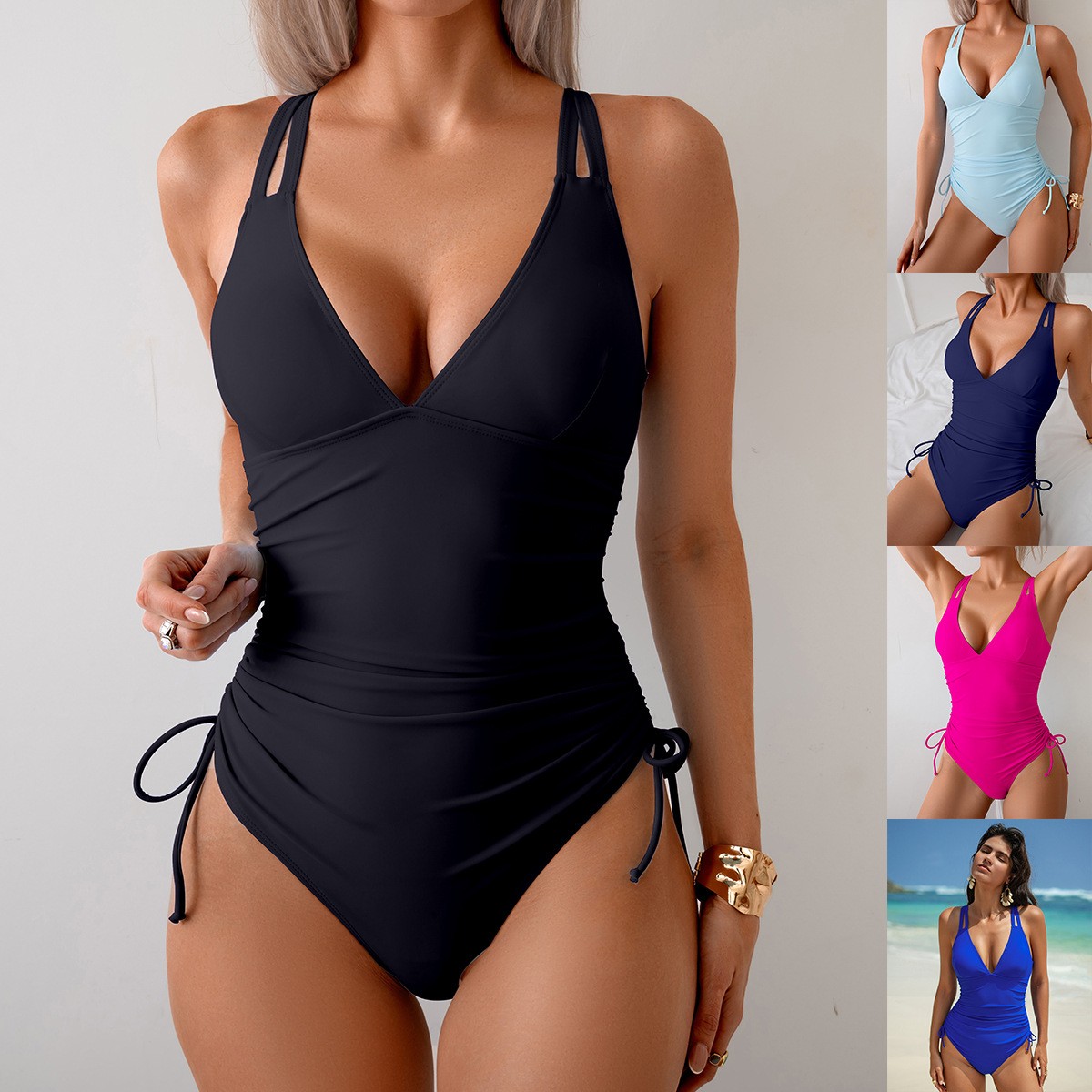 Solid Black Swimsuit V Neck Ru - đánh giá và giá Swimsuit Bikini Ruched