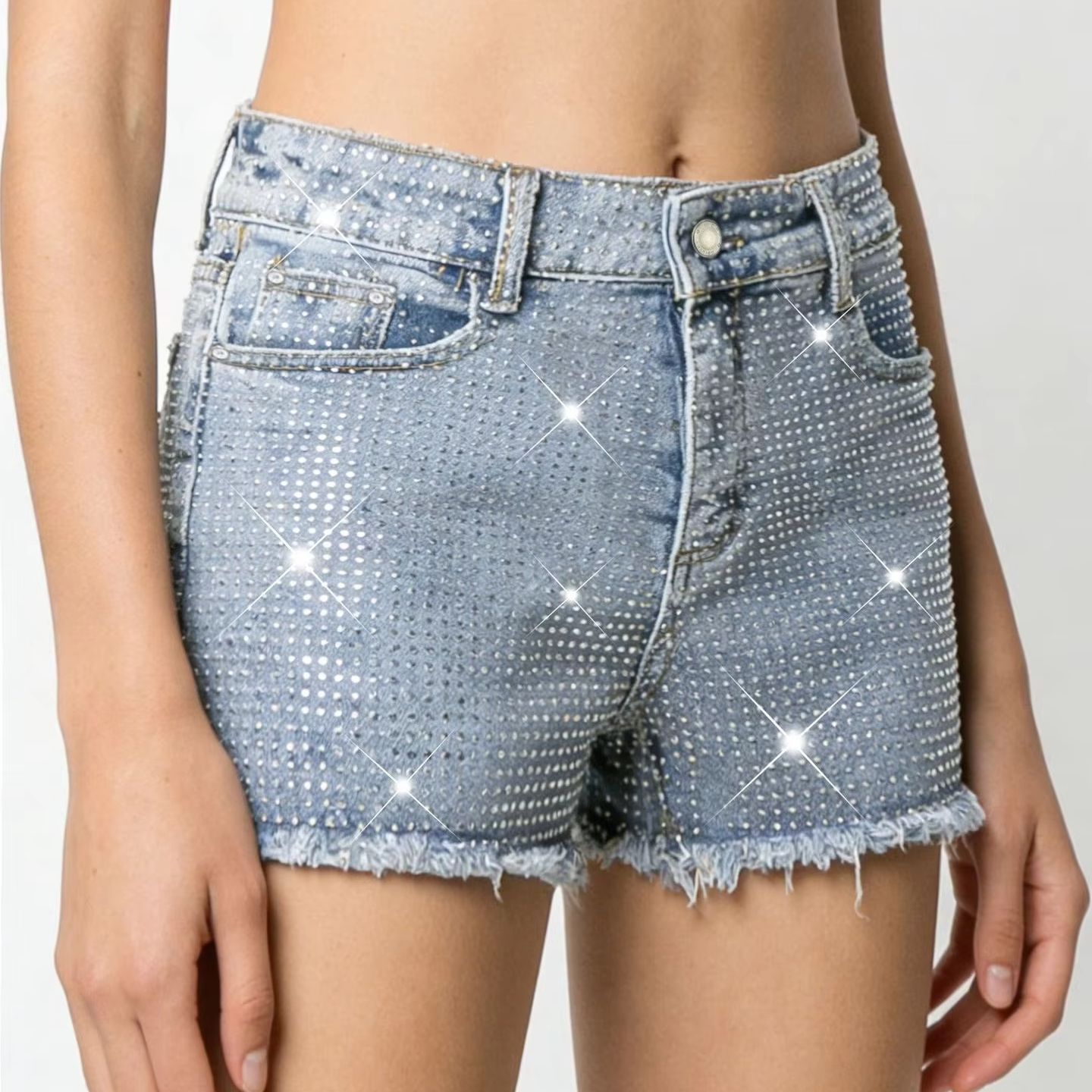 2026 New Full-Bejeweled Elasti - đánh giá và giá Shorts Denim Frayed