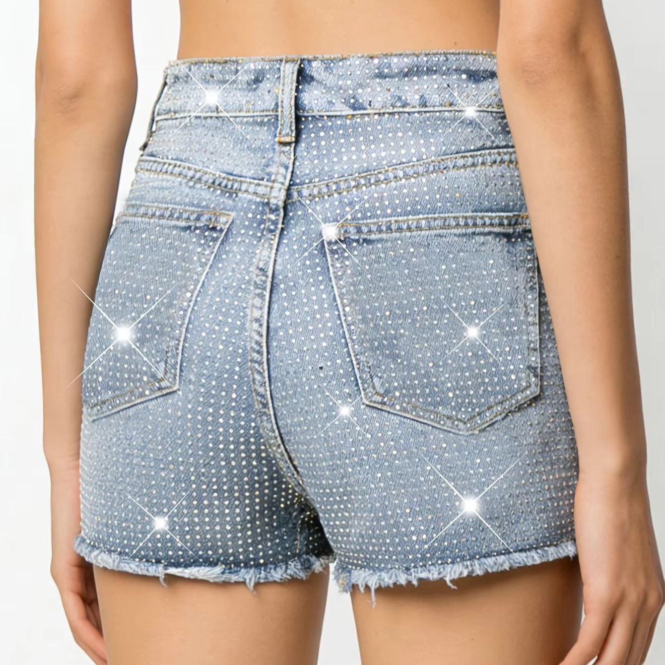 2026 New Full-Bejeweled Elasti - đánh giá và giá Shorts Denim Frayed