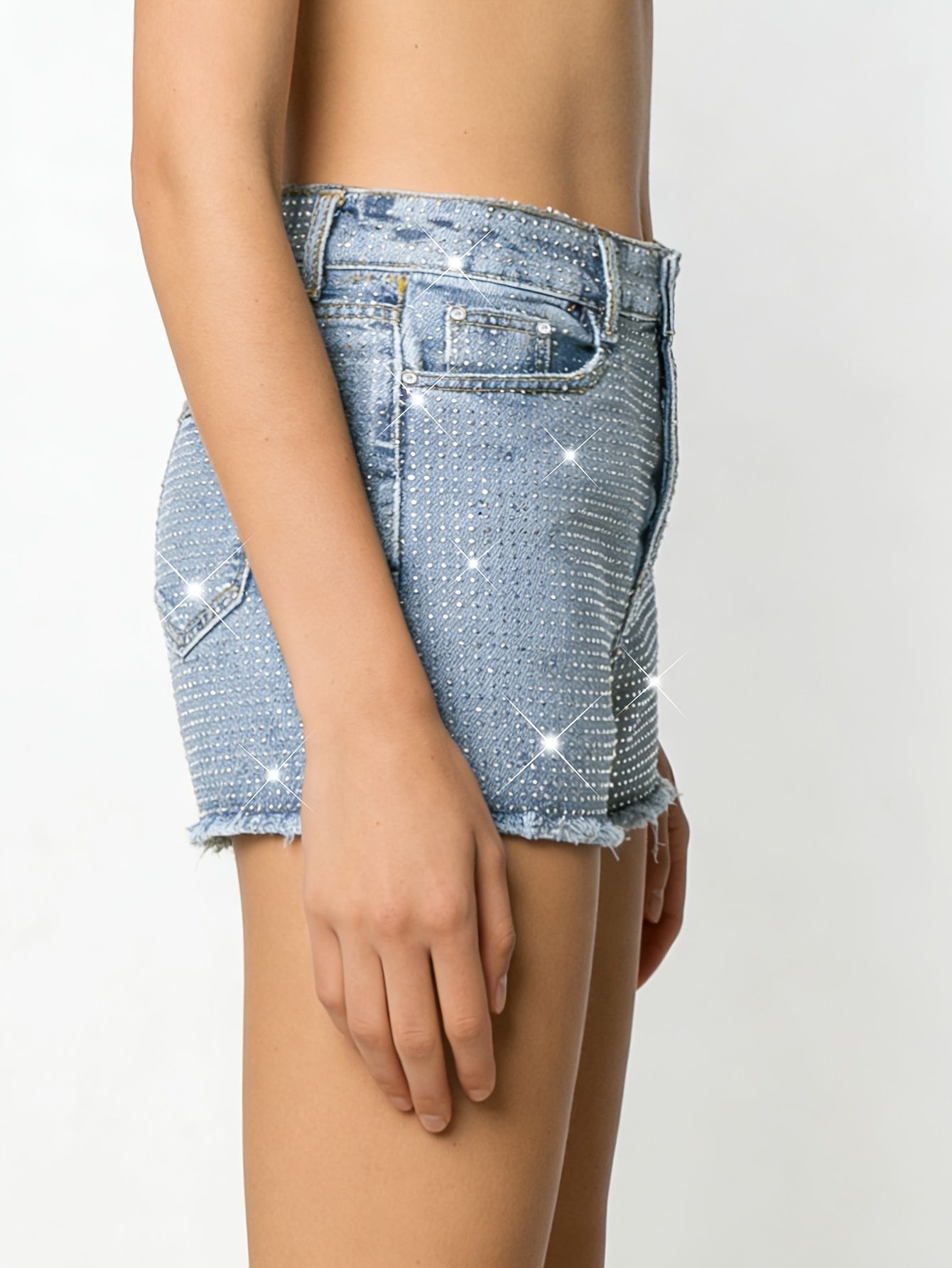 2026 New Full-Bejeweled Elasti - đánh giá và giá Shorts Denim Frayed