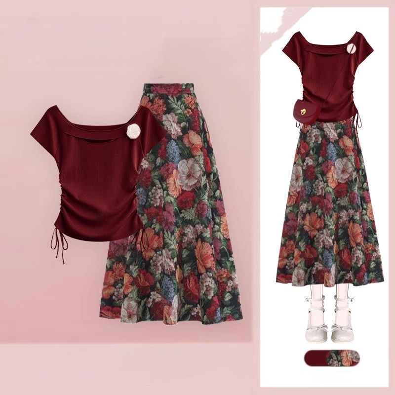 Women Lucky Wine Red T-Shirts  - đánh giá và giá Midi Skirt Floral