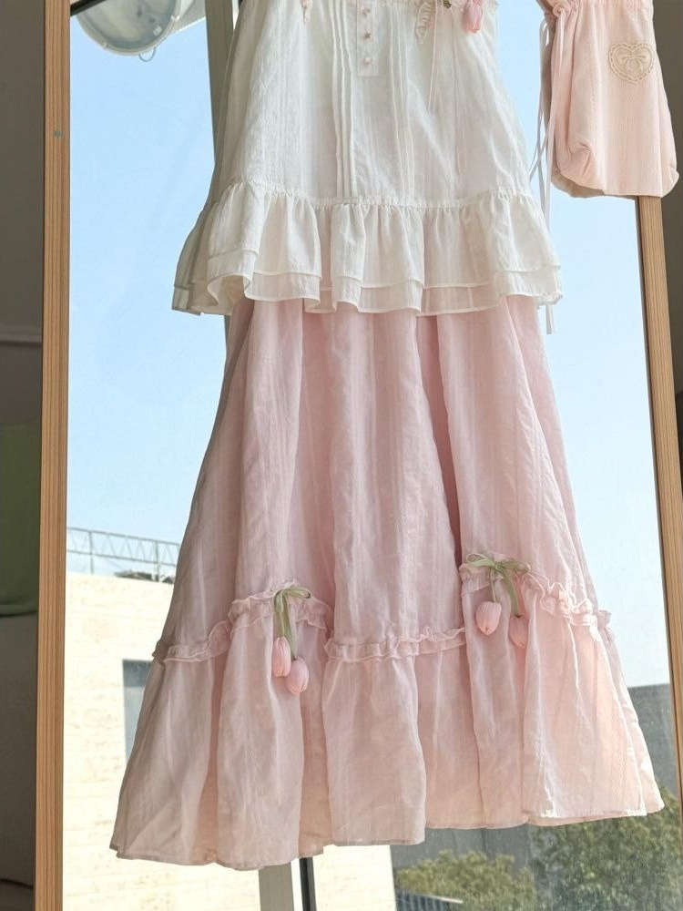 Sweet Kawaii Ruffle Trim Tulip - đánh giá và giá Midi Skirt Floral