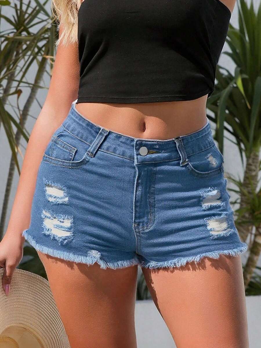Women Denim Shorts With Pocket - đánh giá và giá Shorts Denim Frayed